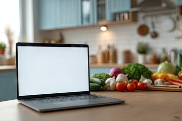 A laptop with a blank screen sits on a kitchen counter, in front of a colorful array of fresh vegetables.  A blurred kitchen background is visible