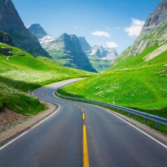 Naklejka premium A photograph of a winding asphalt road cutting through a breathtaking Alpine valley bathed in golden sunlight. 