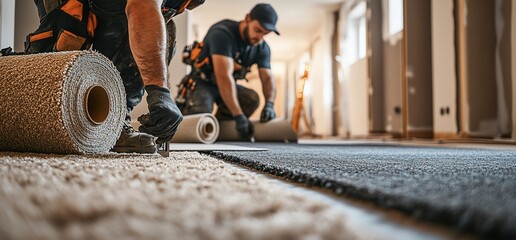 Professional flooring installers laying new carpets in a residential construction site