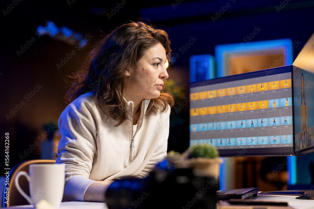 Poster photo editor retouching photographs with editing software on pc monitor, browsing through photoshoot