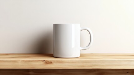 a white coffee mug sitting on a wooden table