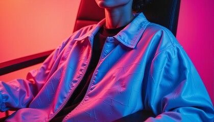 Stylish person in a blue jacket relaxing in a chair with colorful lighting backdrop, contemporary concept of fashion, lifestyle, and creative design