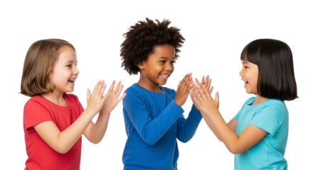 Three joyful young children of diverse backgrounds engage in a playful clapping game against a clean transparent background