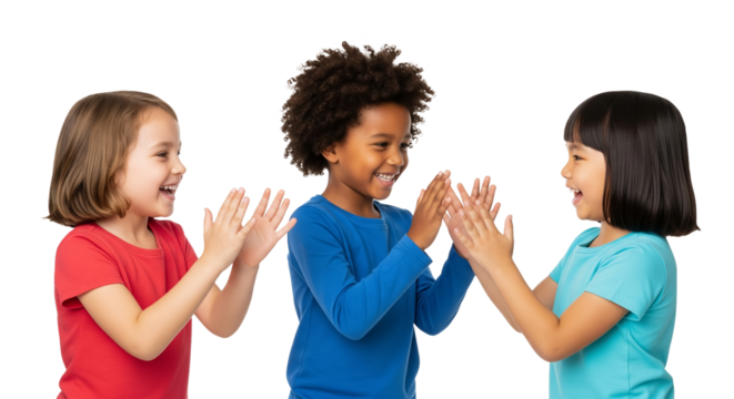 Three joyful young children of diverse backgrounds engage in a playful clapping game against a clean transparent background