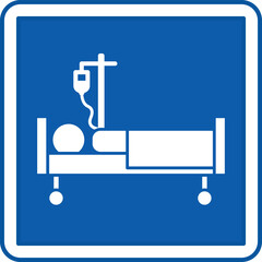Blue Inpatient Sign. Vector Illustration. Patient Lying Under IV, Treatment of a Sick Person in Hospital. Sign in the Hospital Department