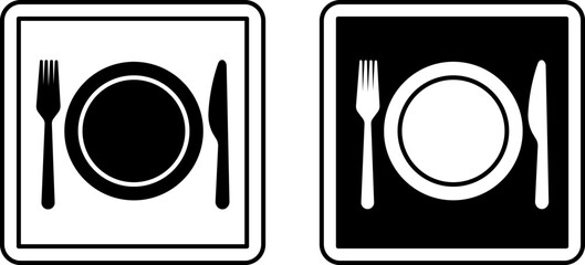 Cafeteria Signs. Black and White Vector Illustrations. Catering Point in Hospital Building. Plate, Fork, and Knife. Road Sign or Sticker