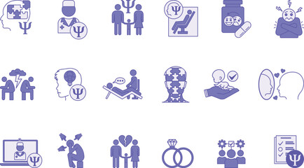 Colored Psychology Icon Set. Vector Illustrations Family Psychology, Psychologist, Divorce, Child Psychology, Marriage, Antidepressants, Adoption, Complexes, Fears, Conflicts, Ego, and Others