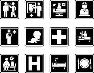 Black Hospital Signs. Vector Icons Infectious Disease, Medical Services, Nurses Station, Waiting Area, Child Care, Outpatient Department, Surgery, Inpatient, Cafeteria, and More