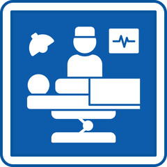 Blue Surgery Sign. Vector Illustration. Doctor Standing Near Patient, Surgical Treatment Methods. Warning Sign, Signboard in Hospital Department
