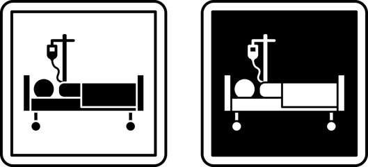 Inpatient Signs. Black and White Vector Illustration. Patient Lying Under IV, Treatment of a Sick Person in Hospital. Sign in the Hospital Department