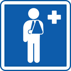Blue Outpatient Sign. Vector Illustration. Man With Bandaged Arm And Plus Sign. Home Treatment Or Patient Visits Medical Facility. Hospital Department Sign