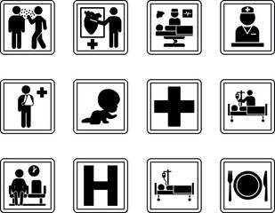 Hospital Signs. Vector Icons Infectious Disease, Medical Services, Nurses Station, Waiting Area, Child Care, Outpatient Department, Surgery, Inpatient, Cafeteria, and More
