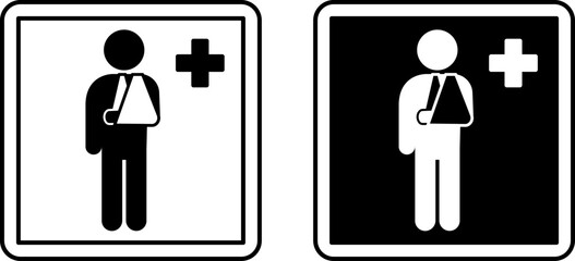 Outpatient Signs. Black And White Vector Illustrations. Man With Bandaged Arm And Plus Sign. Home Treatment Or Patient Visits Medical Facility. Hospital Department Sign