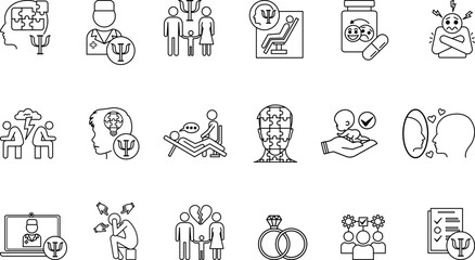 Psychology Icon Set. Vector Illustrations Family Psychology, Psychologist, Divorce, Child Psychology, Marriage, Antidepressants, Adoption, Complexes, Fears, Conflicts, Ego, and Others