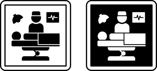 Surgery Signs. Black and White Vector Illustrations. Doctor Standing Near Patient, Surgical Treatment Methods. Warning Sign, Signboard in Hospital Department