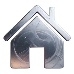 A sleek, modern house icon rendered in a shiny metallic finish with intricate textures
