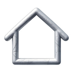 A stylized house icon designed with a metallic, tubular appearance, featuring smooth curves and a reflective surface