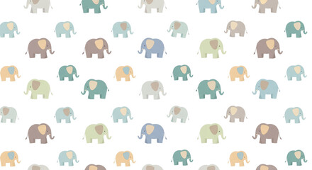 A sweet and repeating pattern of small cartoon elephants in pastel shades scattered across a clean white background