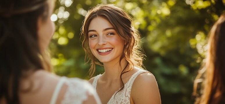 Radiant bride smiles, bathed in sunlight, surrounded by friends in outdoor wedding scene