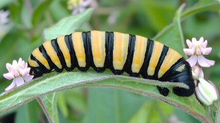 Fototapeta premium Striped Caterpillar on Green Leaf Closeup Macro Photography