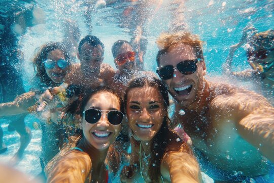 Underwater selfie of a group of smiling young adults in a swimming pool, bubbles surrounding them