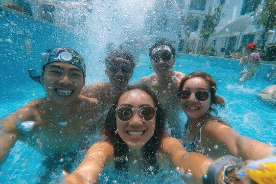 Underwater selfie of five smiling friends enjoying a pool party, water splashing around them