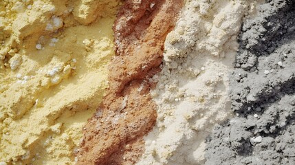 Fototapeta premium Abstract Colorful Powder Texture Background, Multicolored Granular Surface, Earthy Tones, Yellow, Beige, Brown, Grey