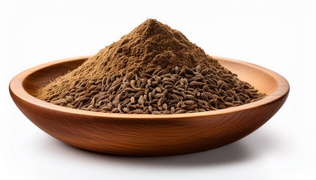 a wooden bowl filled of caraway seeds and powder on white background