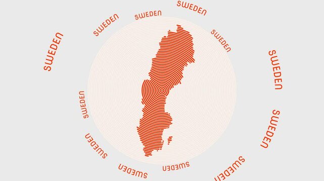 Sweden shape with dynamic circles visual effect. Animation of Sweden logo appearing from rotating rings and Country name around the shape. Intro, opening, closing, logo video.