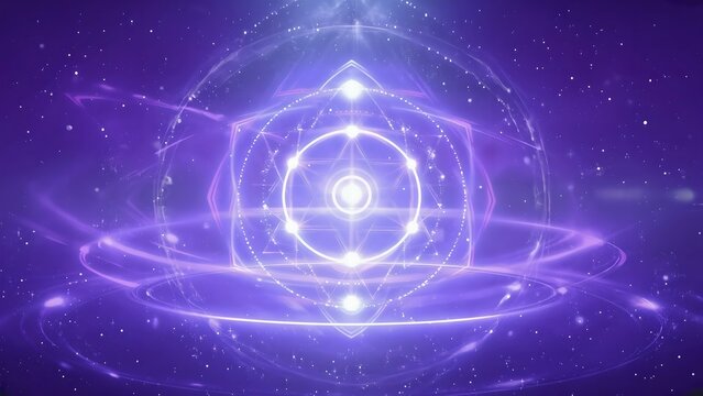 Mystical geometric mandala glows purple against cosmic stars, evoking wonder.