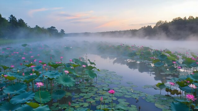 Misty Lotus Pond at Dawn, Peaceful Morning Scene with Pink Lotuses