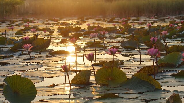 Sunrise paints tranquil lake with pink lilies.