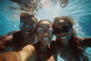 Underwater selfie of three smiling young adults, two women and a man, wearing goggles, in a swimming pool.  Sunlight filters from above