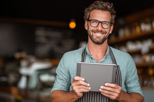 Smiling man in an apron holds a tablet in a cafe setting, appearing confident and successful