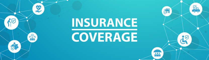Insurance coverage. Blue concept with icons related to safety and protection, security, insured risks and liability. Health care, risk, help service. Car accident, travel insurance, flight protection.