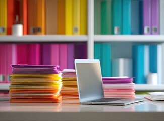Vibrant color-coded files stacked beside a laptop on a white desk against a backdrop of a colorful, organized shelving unit