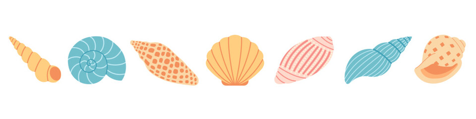 Flat vector set cartoon illustration of colorful sea shells in various shapes and patterns. For summer, marine, vacation, beach, card, sea, ocean design. Isolated white background.