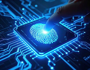 Fingerprint Scan on Glowing Digital Screen with Circuit Board