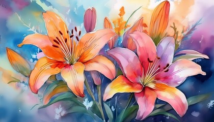 bright and vibrant lily flowers display in a watercolor style with soft colors and delicate details