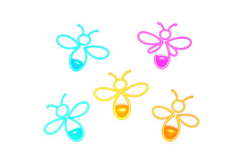 Neon bees glowing in electric blue, pink, yellow, illuminating transparent backdrop with bold graphic design potential