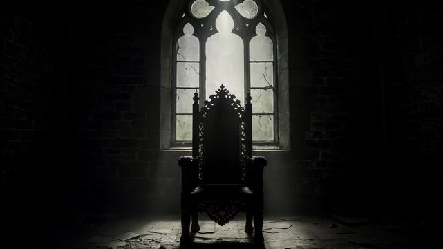 Mysterious Throne Inside an Abandoned Space With Gothic Architecture and Shadows, Evoking an Eerie Atmosphere and Historical Significance