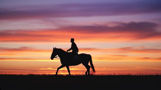 Experience the Beauty of Horseback Riding Against the Backdrop of a Breathtaking Sunset in the Serene Countryside