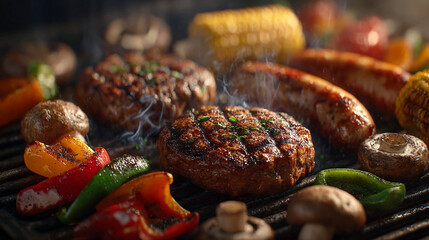Grilled meats and vegetables on barbecue with smoke rising, showcasing summer cooking experience