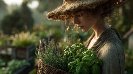 Woman with curly hair holding a basket of fresh herbs in a lush garden setting with soft sunlight