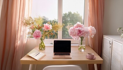 chic feminine home interior office desk laptop editorial aesthetic light and airy summer photography for social media faceless digital content marketing