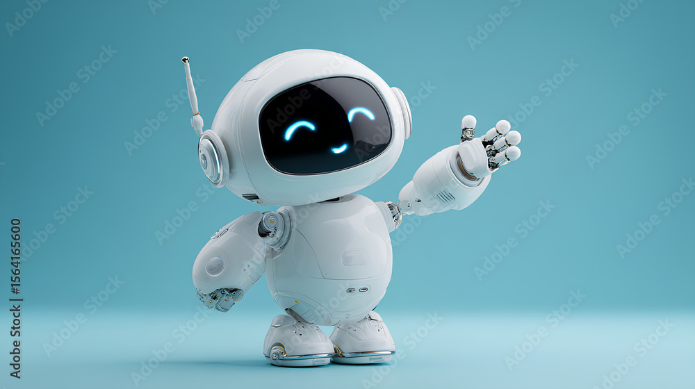 Poster 3d graphics of ai robot character guiding pose with smiling face stock illustration