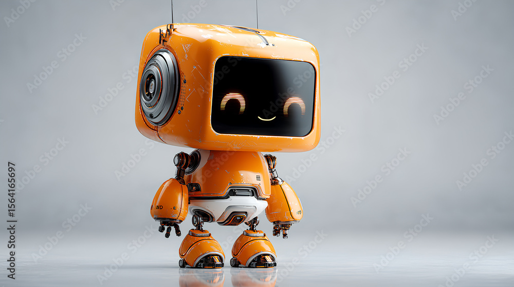 Fototapete 3D graphics of AI robot character standing at attention with smiling face Stock Illustration