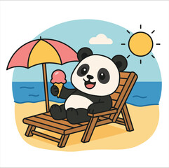 Kawaii panda relaxing on the beach under an umbrella, enjoying an ice cream on a sunny day. This fun and cheerful illustration is perfect for summer projects, bringing joy, warmth, and relaxation