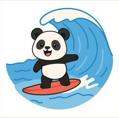 Kawaii panda surfing on a big wave, showcasing a playful and adventurous spirit. This cute and cheerful illustration is perfect for projects that need a fun, vibrant, and energetic design.