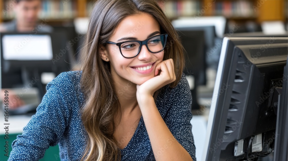 Aufkleber a woman with glasses smiling while working at a computer in an office environment